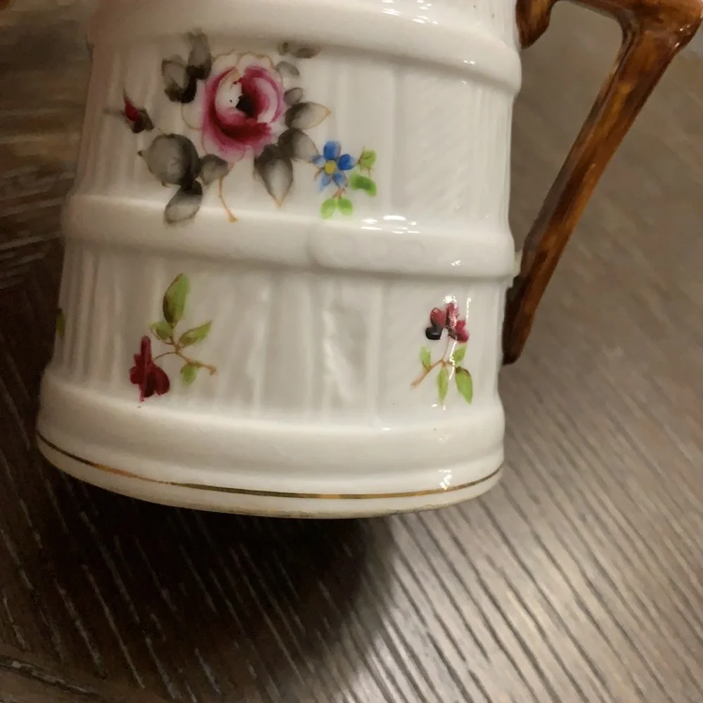 Bone China with faux bois handle with floral barrel creamer pitcher